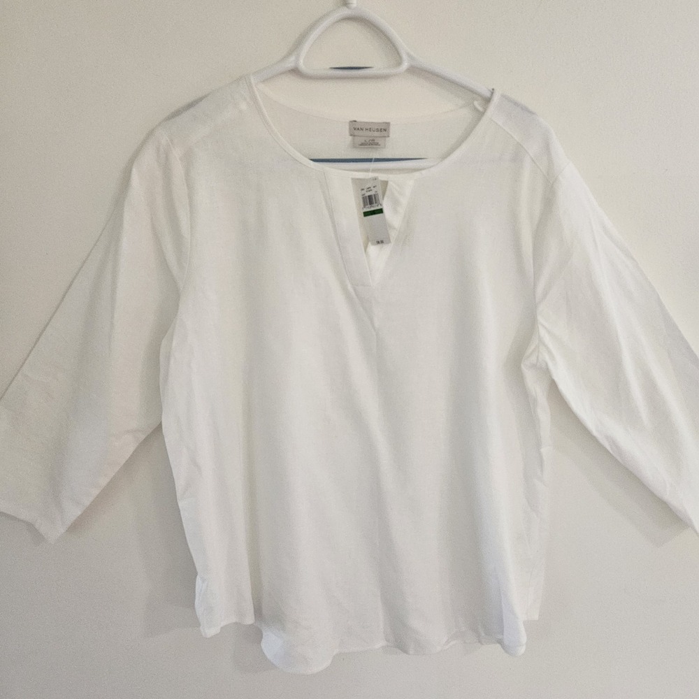 Van Heusen Linen Blend Top Tunic White Lightweight Lagenlook‎ Women L Minimalist